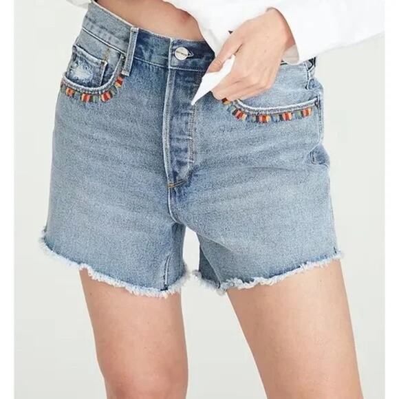 Driftwood x Folklore Goldie White Denim Frayed Hem Embroidered Jean Shorts sz 26 - Picture 2 of 8